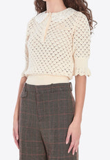 Chloé Lace-Trimmed Open Knit Blouse Cream CH25AMP47590--107