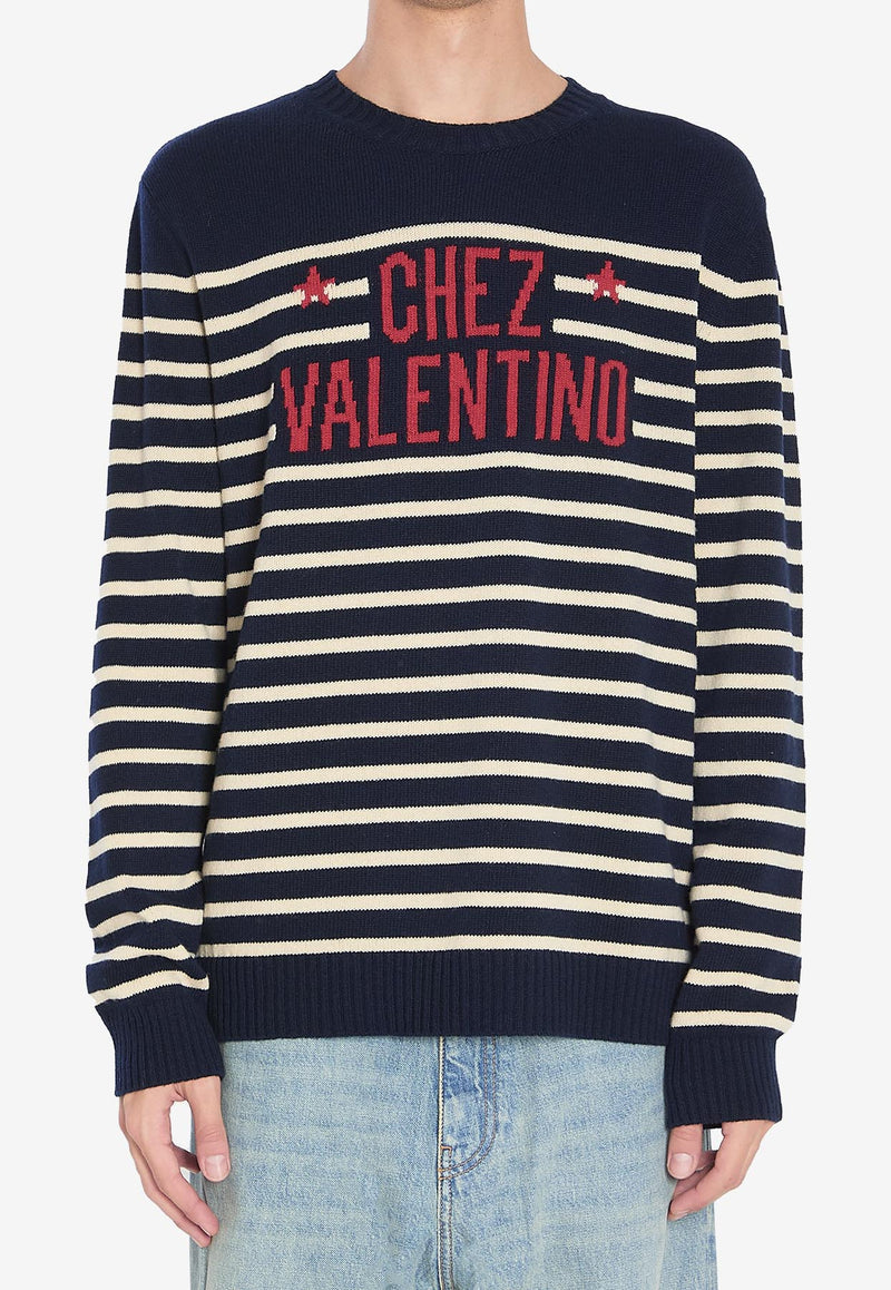 Valentino Chez Logo Stripe Wool Sweater Blue 7V3KC34W-B1W-DYB