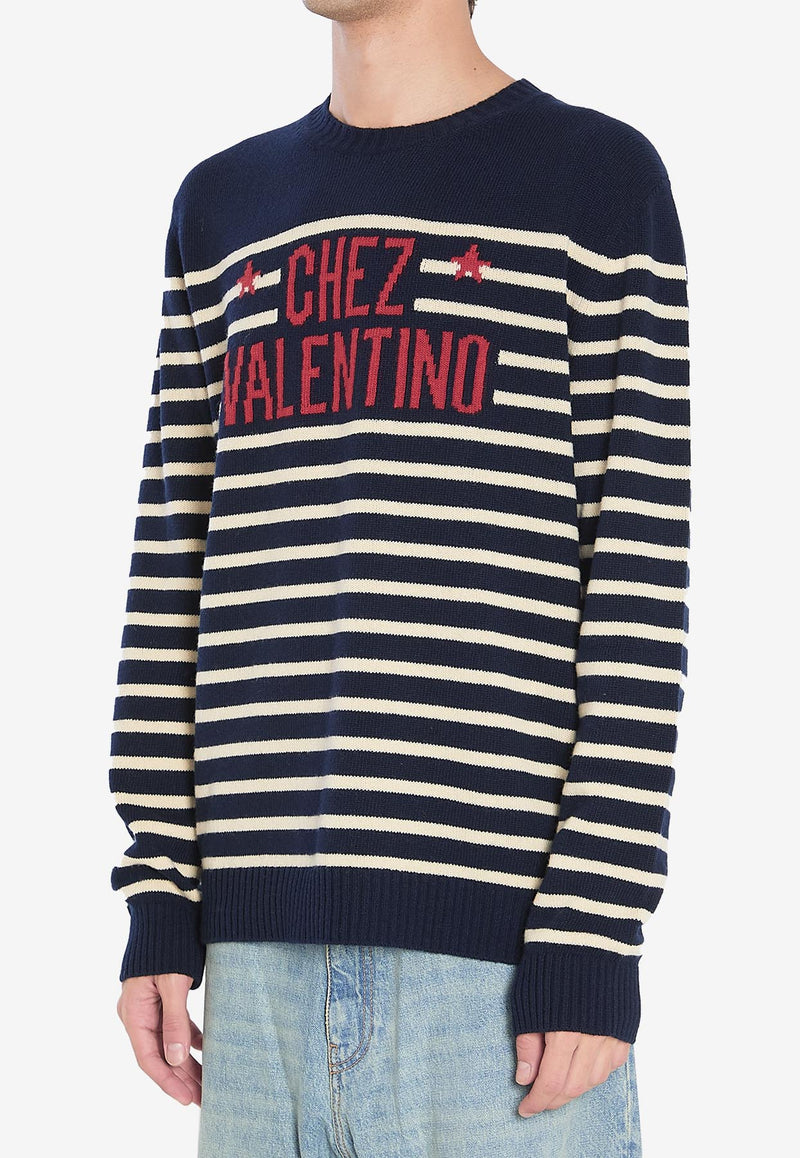 Valentino Chez Logo Stripe Wool Sweater Blue 7V3KC34W-B1W-DYB