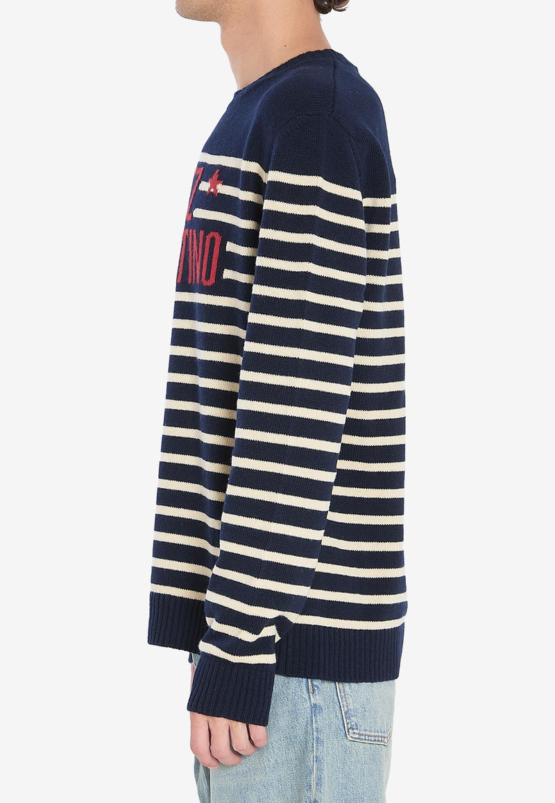 Valentino Chez Logo Stripe Wool Sweater Blue 7V3KC34W-B1W-DYB