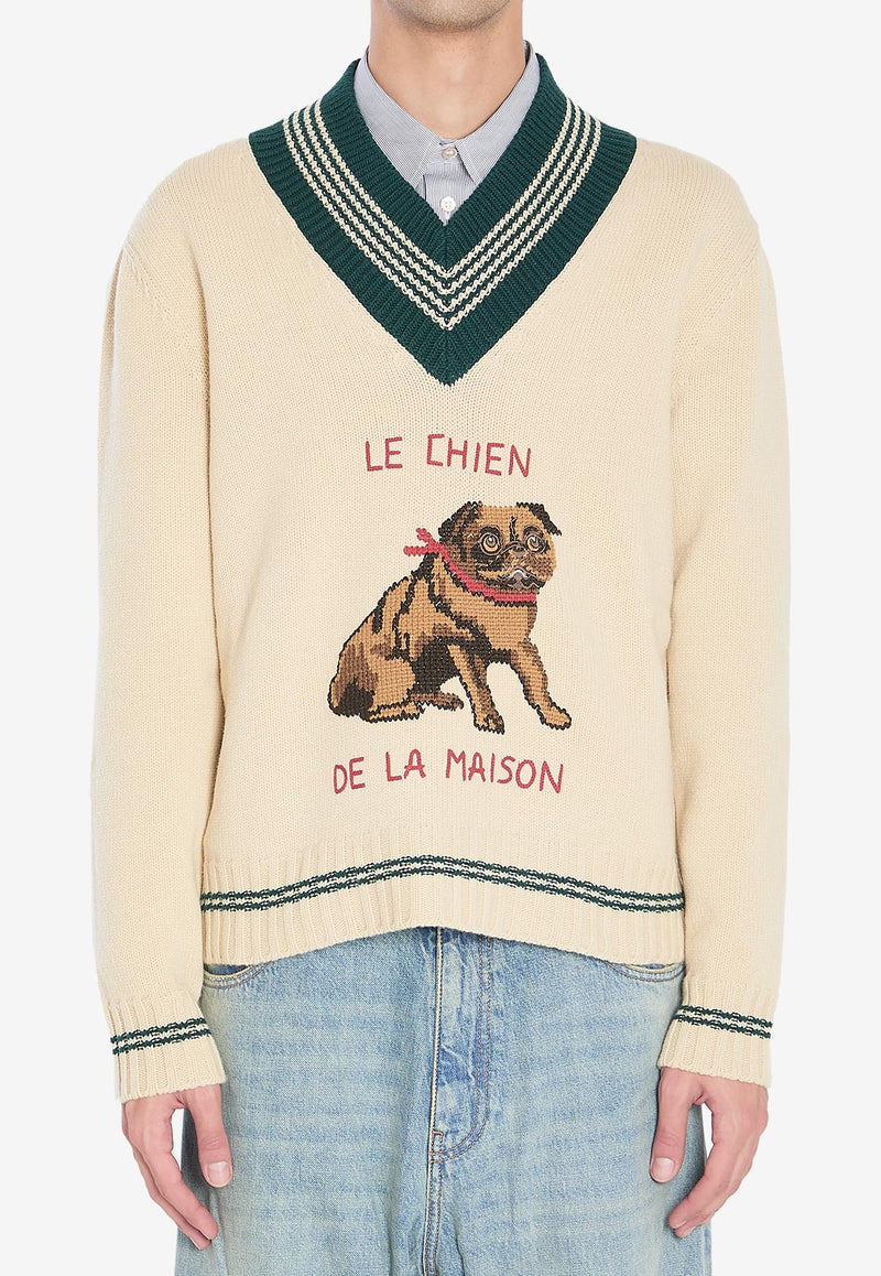 Valentino Le Chien De La Maison V-neck Wool Sweater Butter 7V3KC35E-B2M-581
