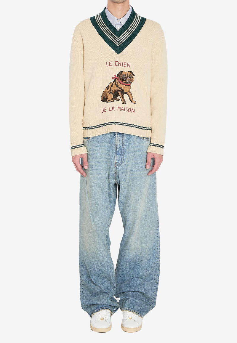 Valentino Le Chien De La Maison V-neck Wool Sweater Butter 7V3KC35E-B2M-581