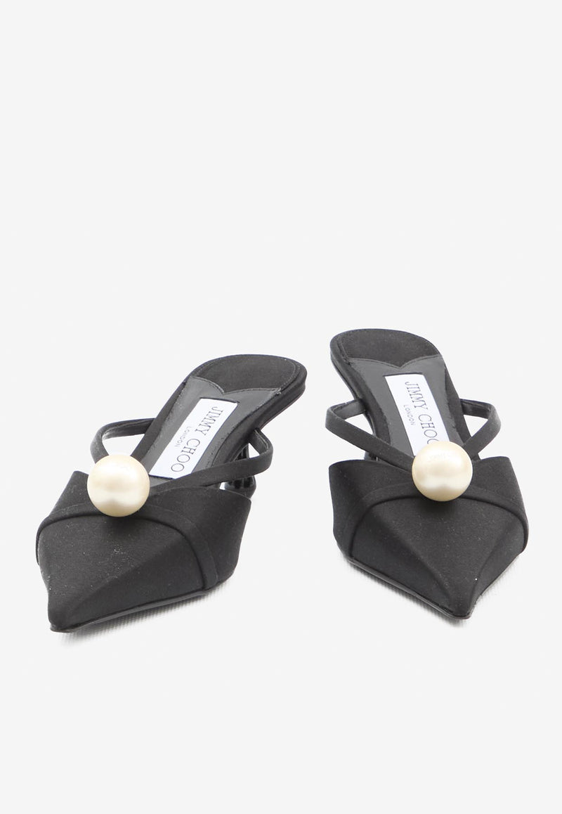 Jimmy Choo Sana 50 Satin Mules with Pearl Black SANAMULE50-AOD-BLACK/WHITE