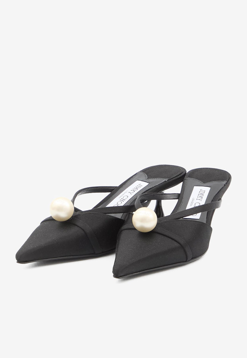 Jimmy Choo Sana 50 Satin Mules with Pearl Black SANAMULE50-AOD-BLACK/WHITE