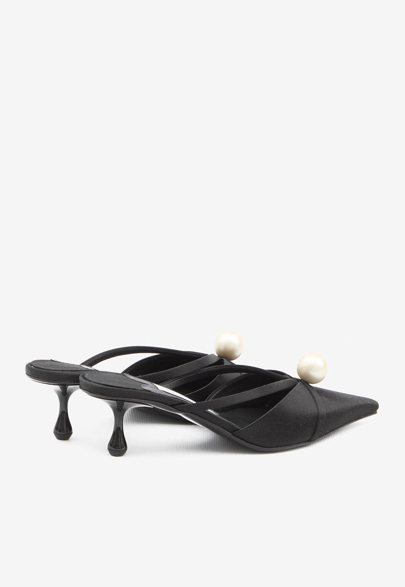Jimmy Choo Sana 50 Satin Mules with Pearl Black SANAMULE50-AOD-BLACK/WHITE