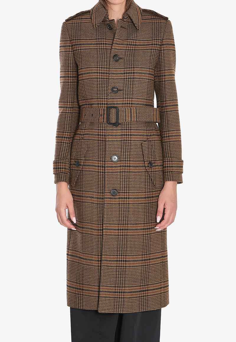 Saint Laurent Prince of Wales Wool Long Belted Coat Brown 830690-Y9I70-2849
