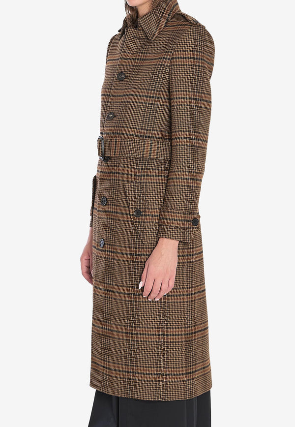 Saint Laurent Prince of Wales Wool Long Belted Coat Brown 830690-Y9I70-2849