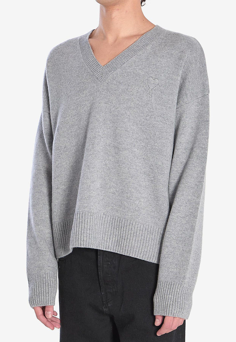 AMI PARIS V-neck Wool-Blend Sweater Gray UKS820-KN0071-050