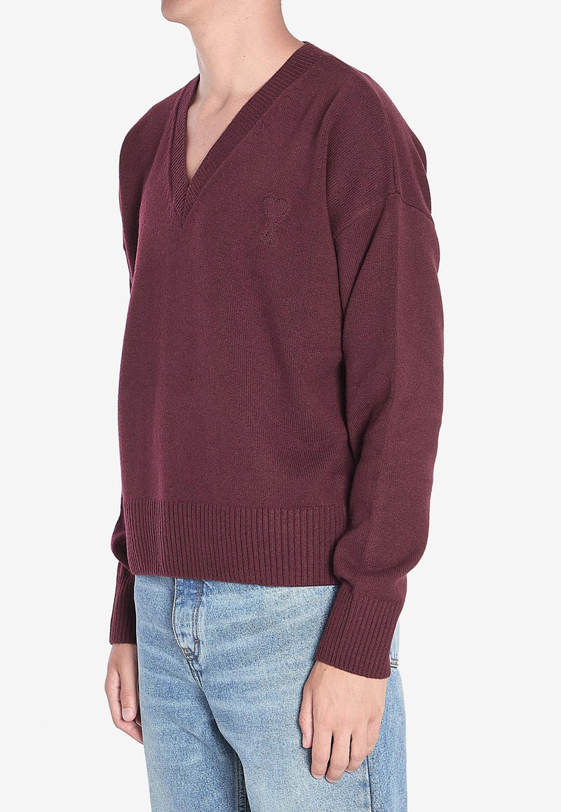 AMI PARIS Ami De Coeur V-neck Ribbed Sweater Bordeaux UKS820-KN0071-692