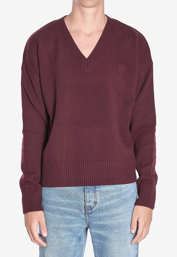 AMI PARIS Ami De Coeur V-neck Ribbed Sweater Bordeaux UKS820-KN0071-692