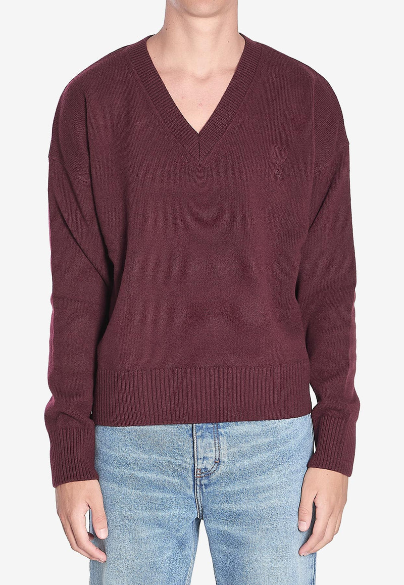 AMI PARIS Ami De Coeur V-neck Ribbed Sweater Bordeaux UKS820-KN0071-692