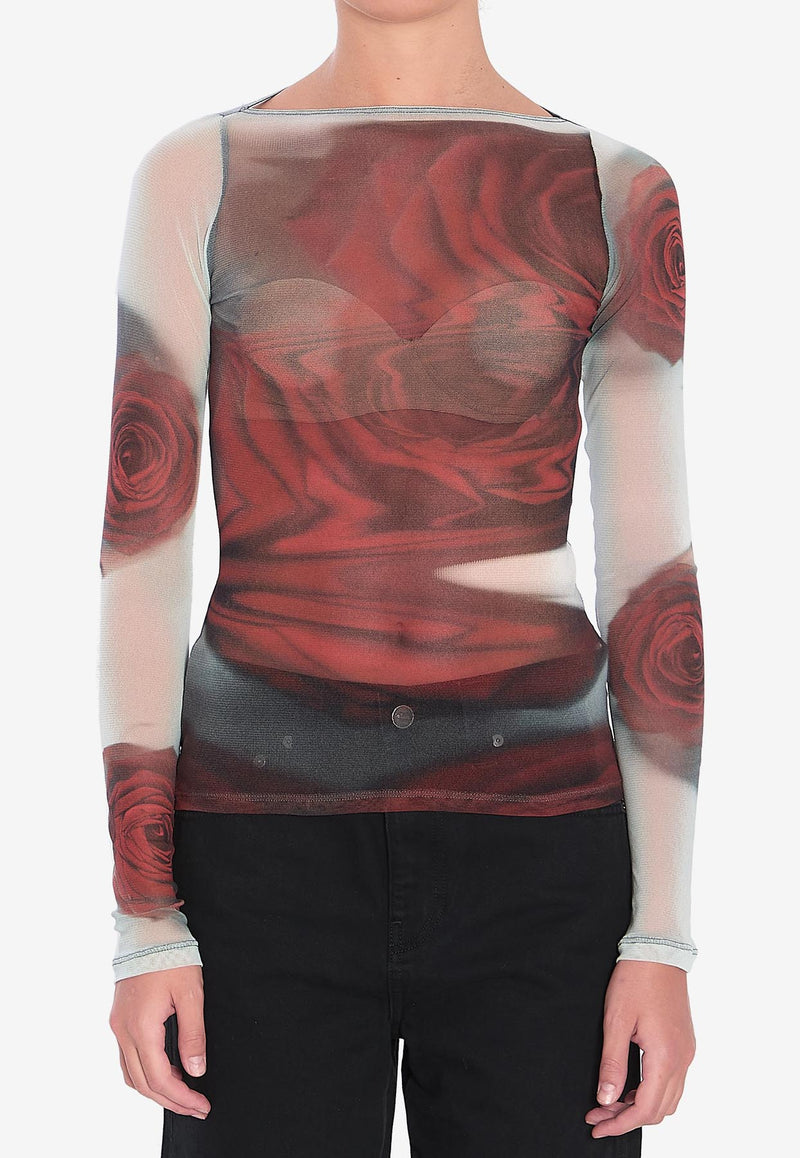 Jean Paul Gaultier Blurry Roses Sheer Top Multicolor W-TO352-M011P-010230