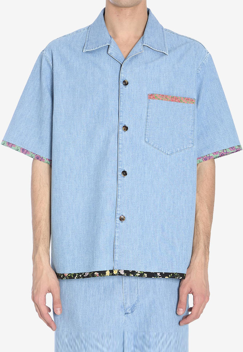 Valentino Floral-Trimmed Denim Shirt Light Blue 6V0DB04-ALM-508