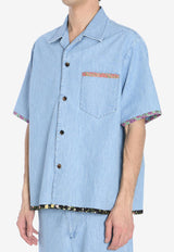 Valentino Floral-Trimmed Denim Shirt Light Blue 6V0DB04-ALM-508