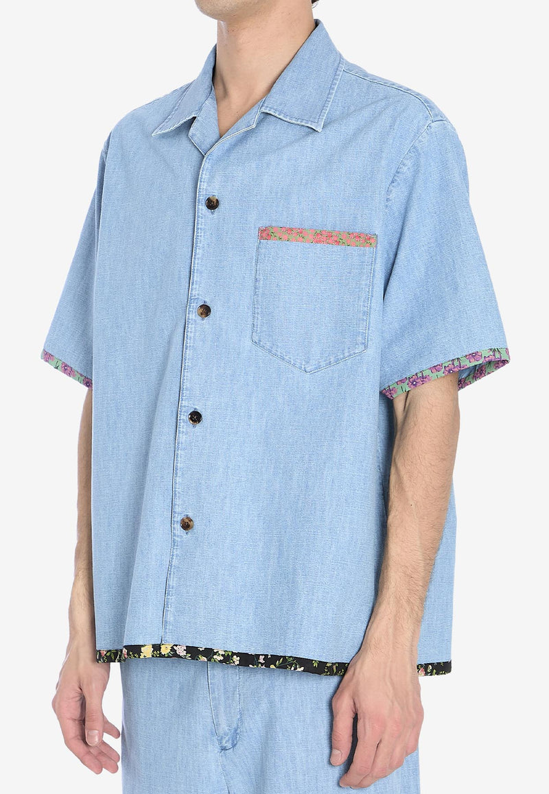 Valentino Floral-Trimmed Denim Shirt Light Blue 6V0DB04-ALM-508