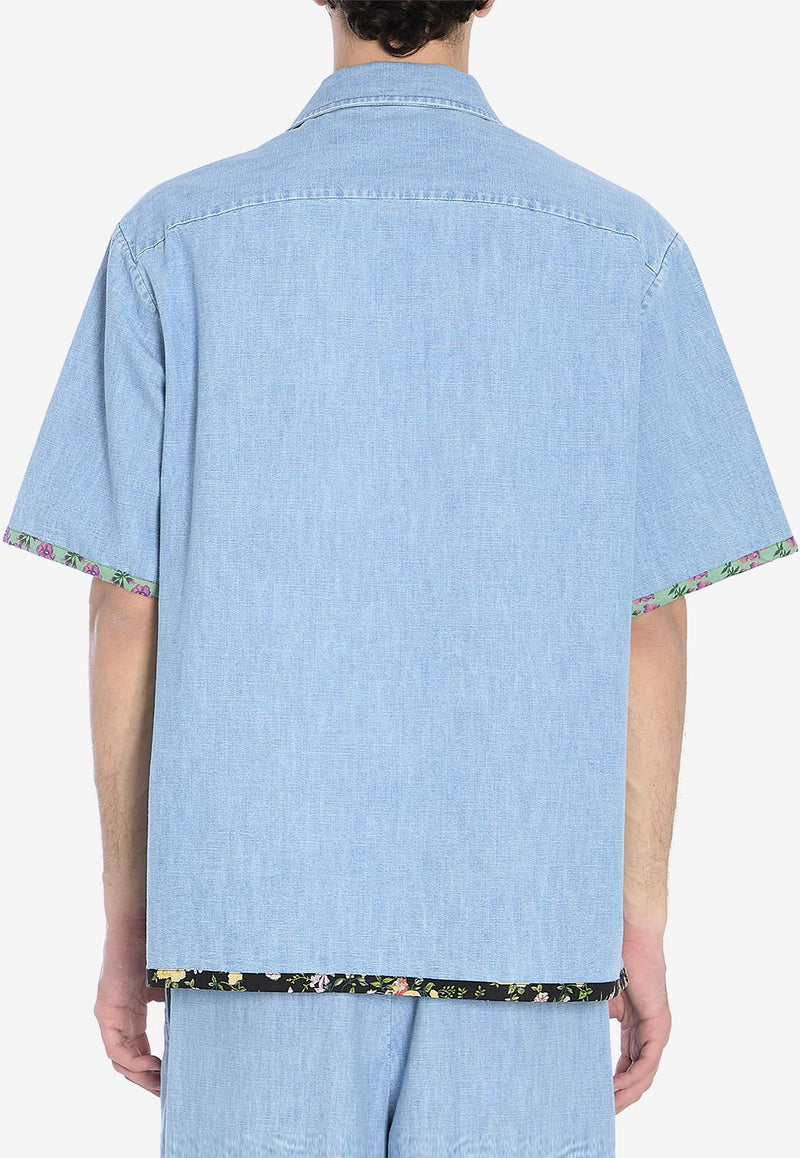 Valentino Floral-Trimmed Denim Shirt Light Blue 6V0DB04-ALM-508