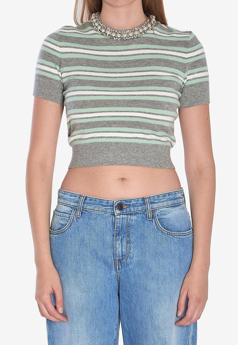 Self-Portrait Striped Cropped T-shirt  Multicolor PF25050TGR--GREY