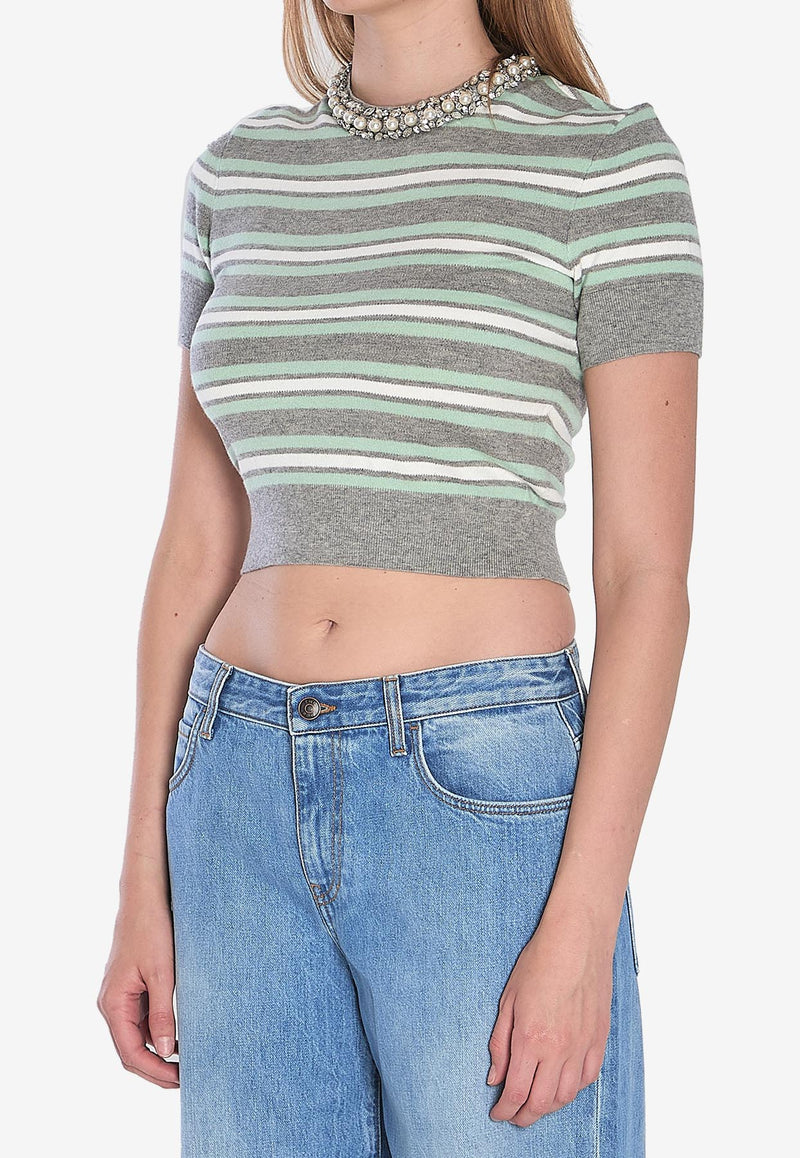 Self-Portrait Striped Cropped T-shirt  Multicolor PF25050TGR--GREY