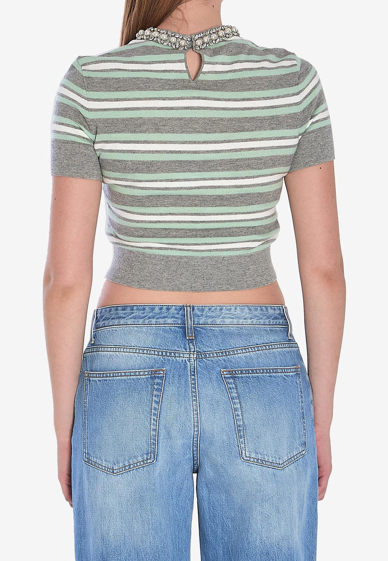 Self-Portrait Striped Cropped T-shirt  Multicolor PF25050TGR--GREY