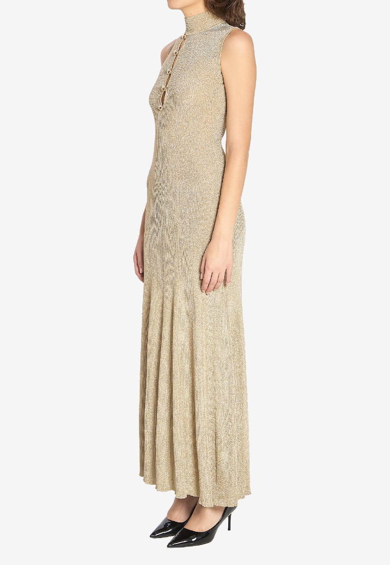Self-Portrait High-Neck Lurex Knit Maxi Dress  Gold AW25137X--GOLD