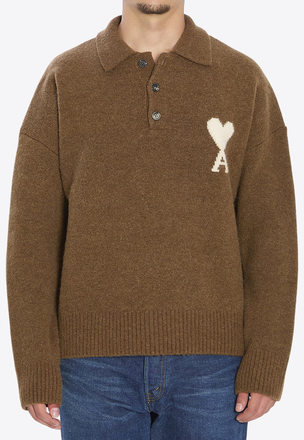 AMI PARIS Ami De Coeur Intarsia Knit Alpaca Wool Polo Sweater Brown UPL408-KN0135-217