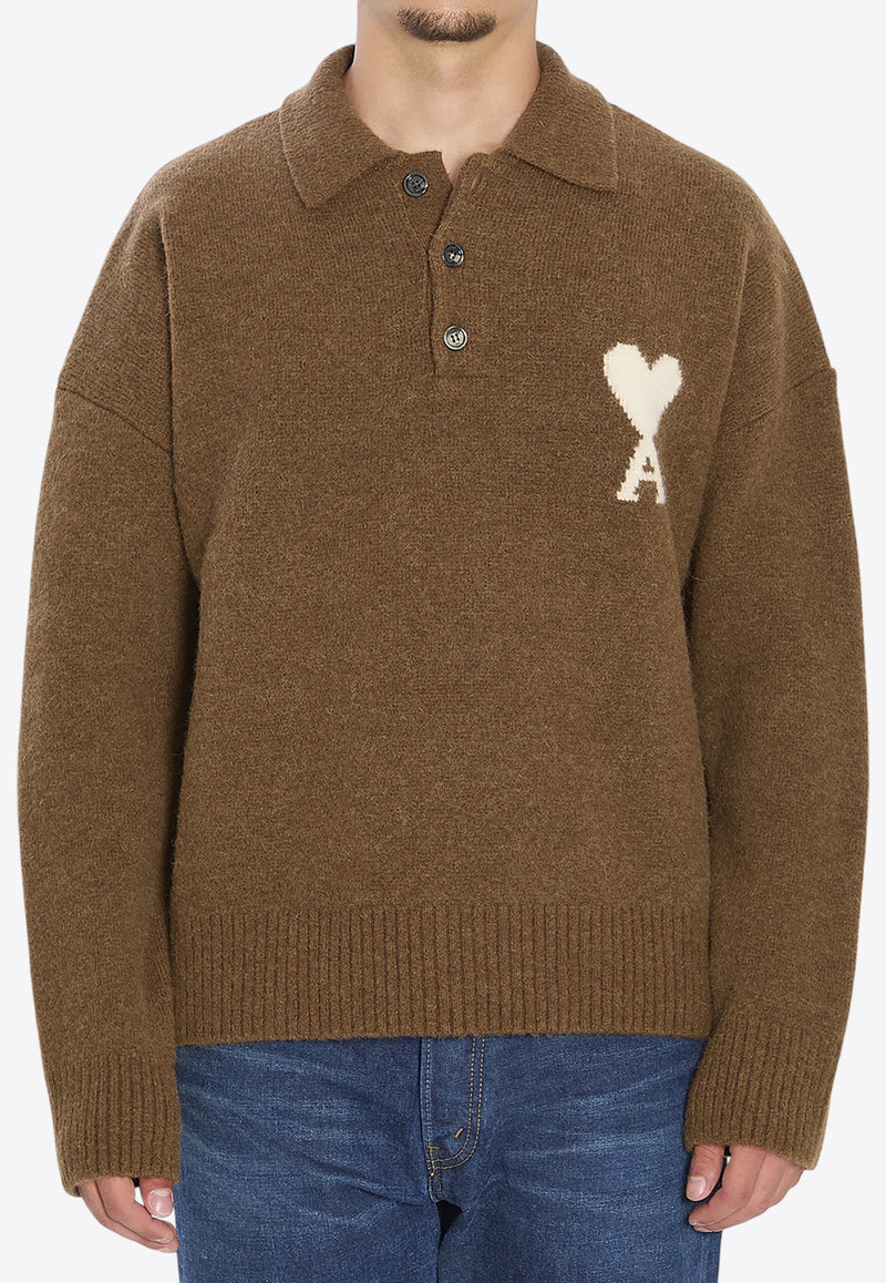 AMI PARIS Ami De Coeur Intarsia Knit Alpaca Wool Polo Sweater Brown UPL408-KN0135-217