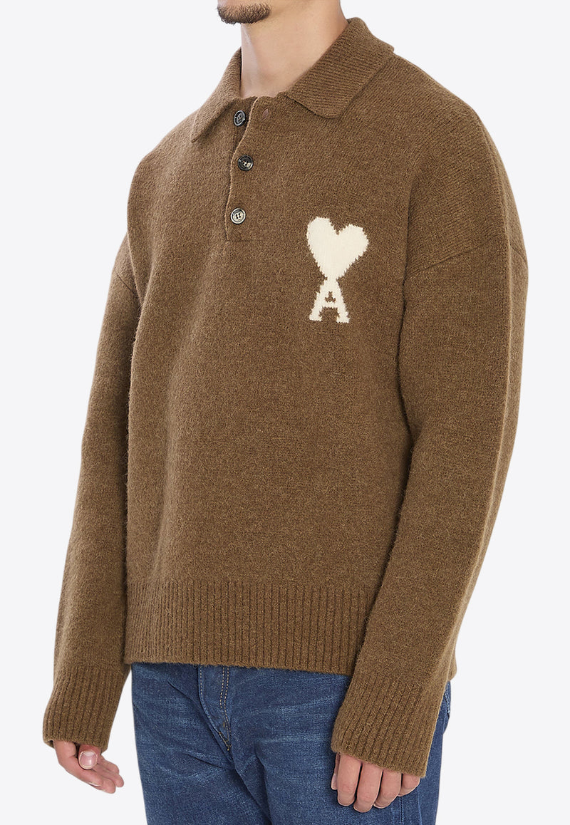 AMI PARIS Ami De Coeur Intarsia Knit Alpaca Wool Polo Sweater Brown UPL408-KN0135-217