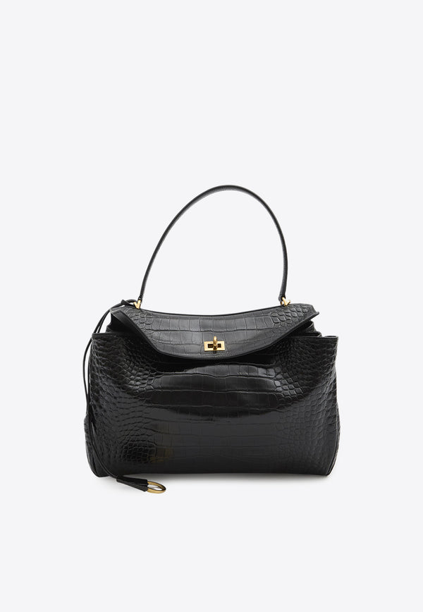Balenciaga Medium Rodeo Croc-Embossed Leather Top Handle Bag Black 789772-2AA5L-1000