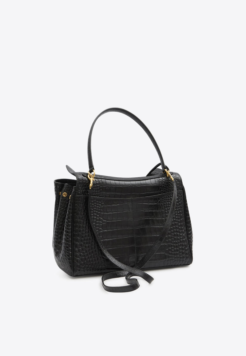 Balenciaga Medium Rodeo Croc-Embossed Leather Top Handle Bag Black 789772-2AA5L-1000