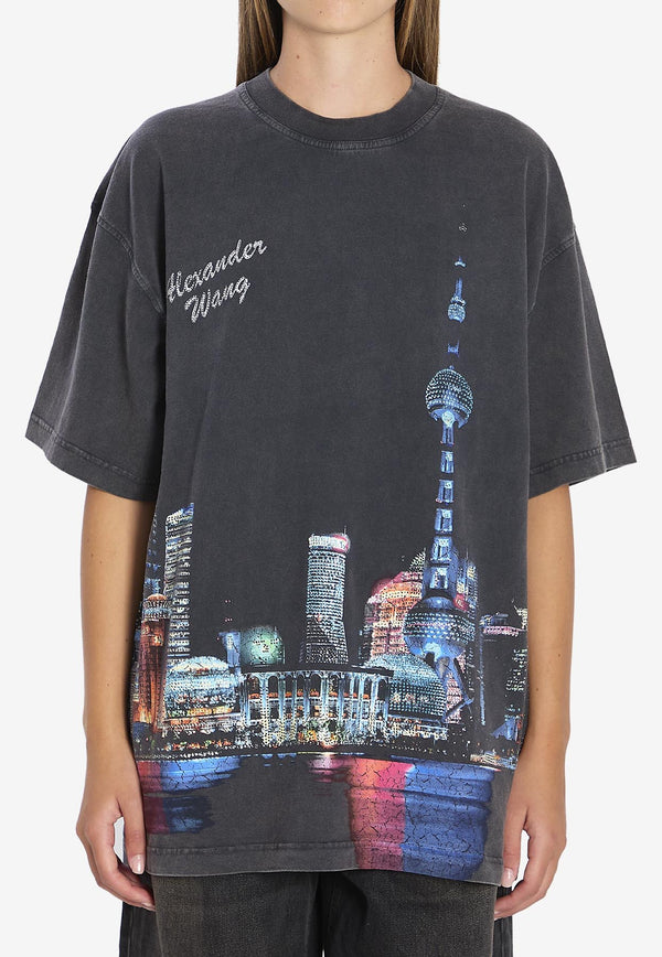 Alexander Wang Shanghai Skyline Print Faded T-shirt Black UCC3251844--011