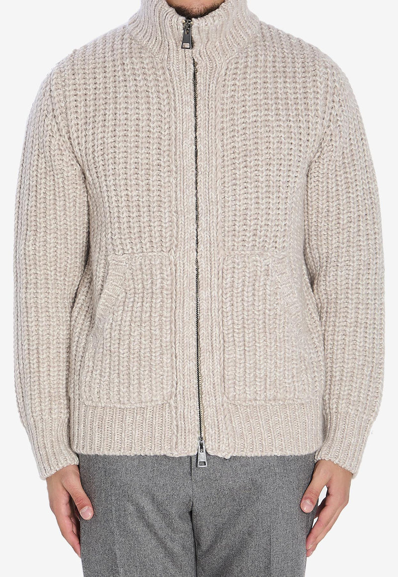 Roberto Collina Ribbed Knit Zip-Up Cardigan Beige 253M48008--M4083