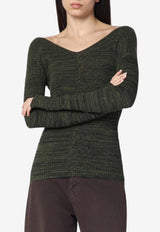 6397 V-neck Ribbed Knit Sweater  Green NSW655CO/Q_6397-ARMYMARL