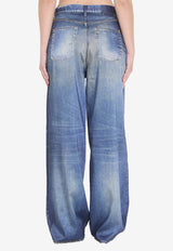 Straight-Leg Washed Denim-Effect Pants