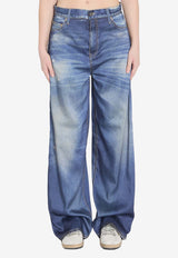 Straight-Leg Washed Denim-Effect Pants