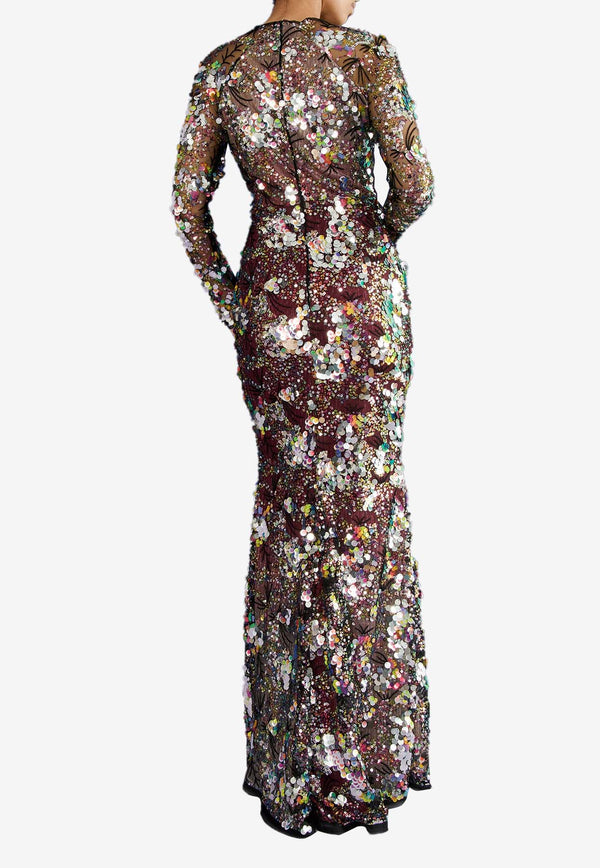 Talbot Runhof Sequin-Embellished Maxi Dress OL0373-03 NK15 999GOLD