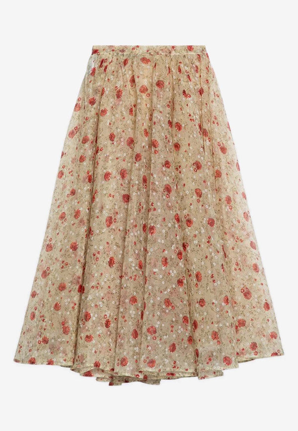 Prada Floral Print Midi Flared Skirt Red P169KOOO15AD/P_PRADA-F0011