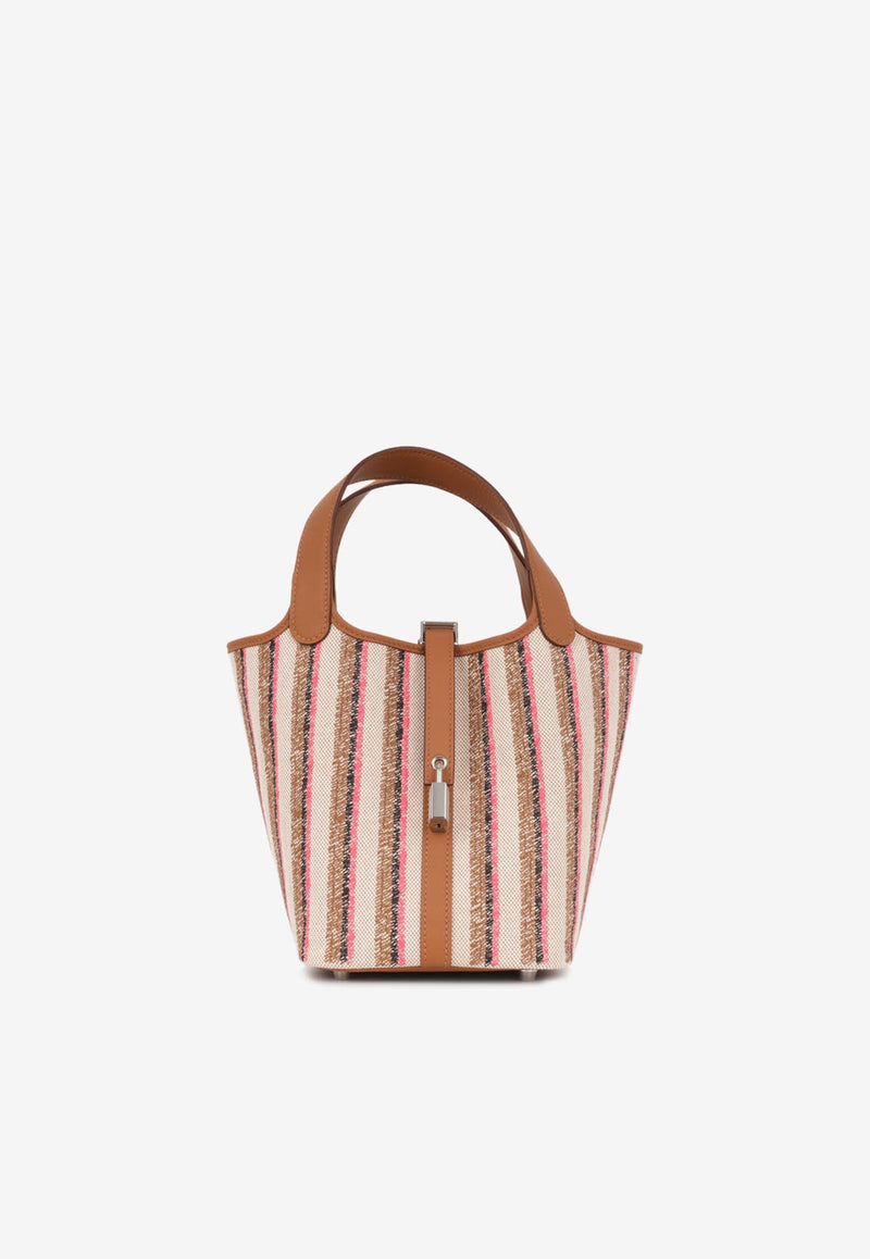 Hermès Picotin 18 in Ecru Canvas, Rose Pop, Fauve, Noir Embroidery and Gold Swift