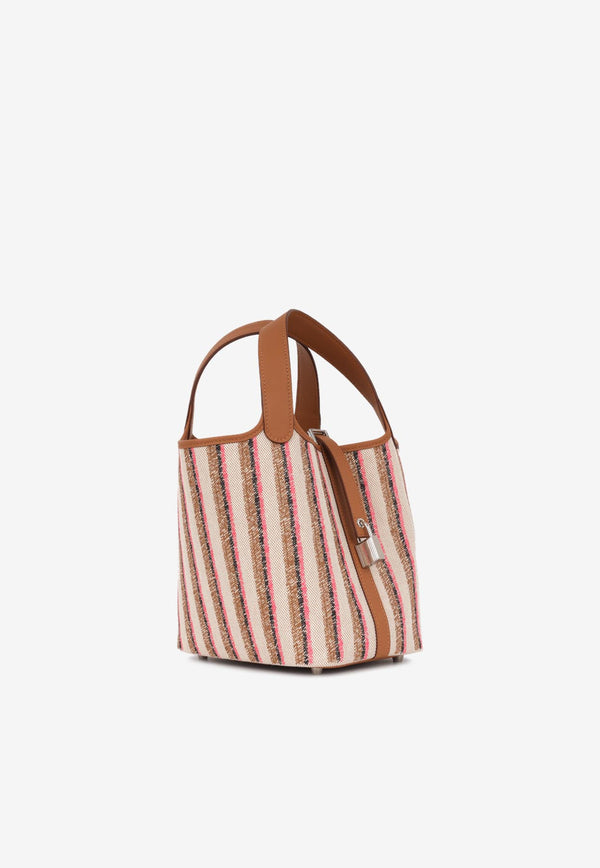 Hermès Picotin 18 in Ecru Canvas, Rose Pop, Fauve, Noir Embroidery and Gold Swift