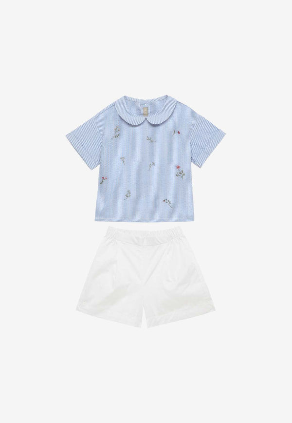 Il Gufo Baby Girls Floral Striped Top and Shorts Set Blue P24DP487C1080-ACO/O_GUFO-431