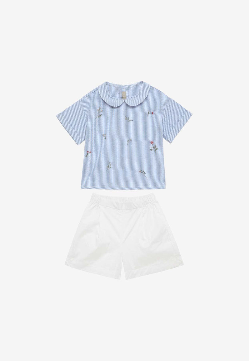 Il Gufo Baby Girls Floral Striped Top and Shorts Set Blue P24DP487C1080-ACO/O_GUFO-431