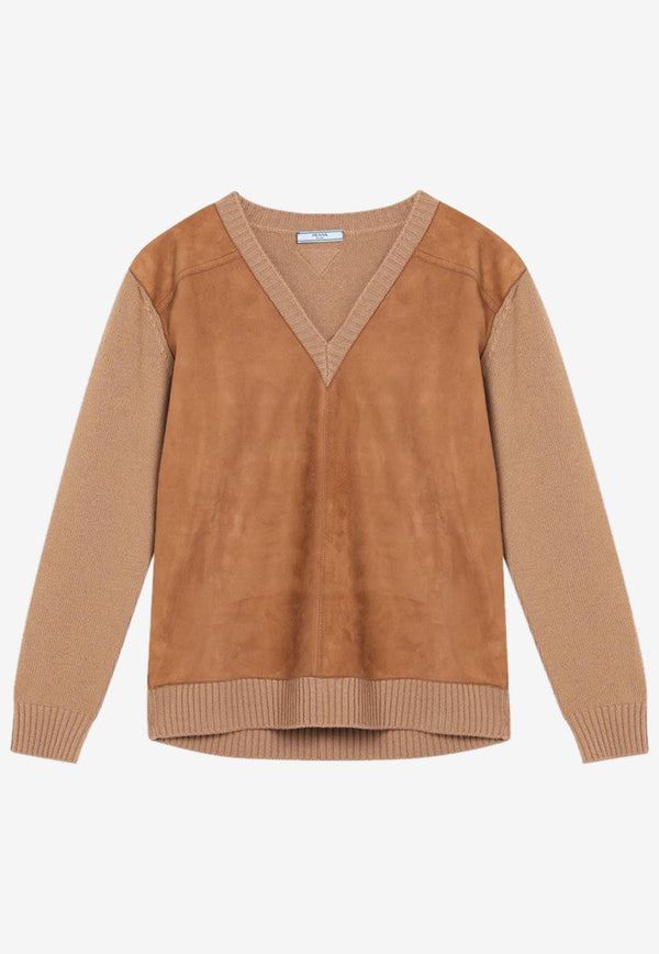 Prada Wool and Suede V-neck Sweater Brown P24T2BOOO173P/R_PRADA-F0C59
