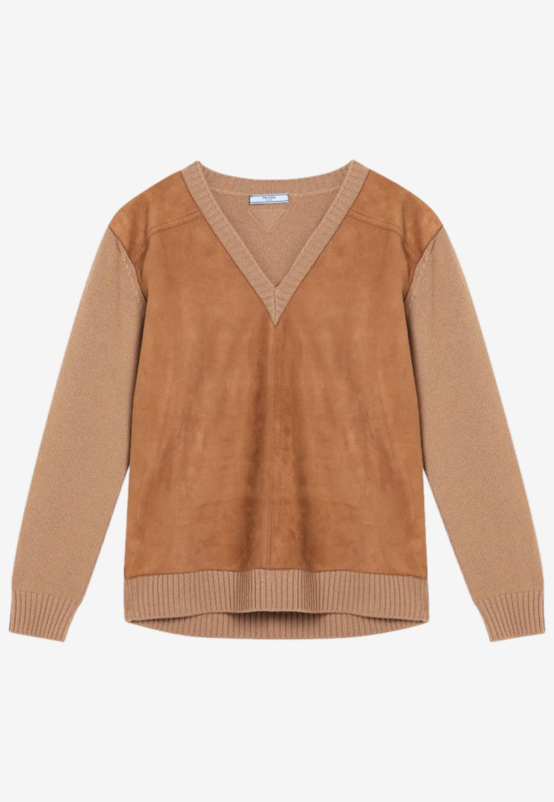 Prada Wool and Suede V-neck Sweater Brown P24T2BOOO173P/R_PRADA-F0C59