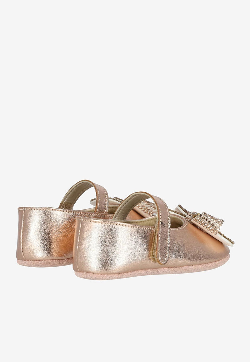 BABYWALKER Baby Girls Crystal Bow Ballet Flats Rose Gold PB/1622_COPPER