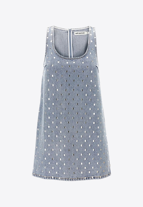 Self-Portrait Square Rhinestone Denim Mini Dress PF24-842S-BLLIGHT BLUE