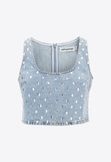 Self-Portrait Square Rhinestone Denim Top PF24-843T-BLLIGHT BLUE