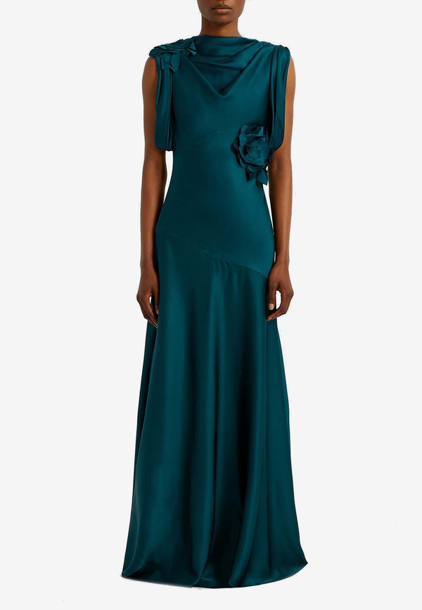 Erdem Floral Appliqué Satin Cady Draped Gown Teal PF25_G5_50253003_TEAL