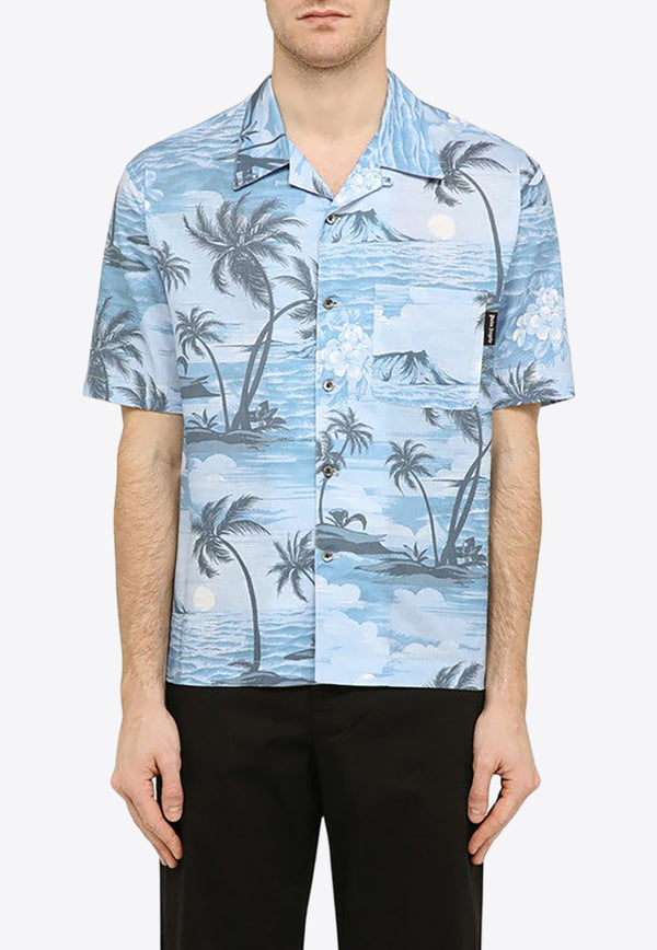 Palm Angels Sunset Print Short-Sleeved Shirt Blue PMGG005S24FAB003/O_PALMA-4949