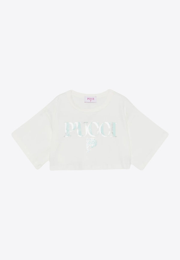 Emilio Pucci Junior Girls Logo Print Cropped T-shirt Ivory PW8A21-Z2357_IVORY