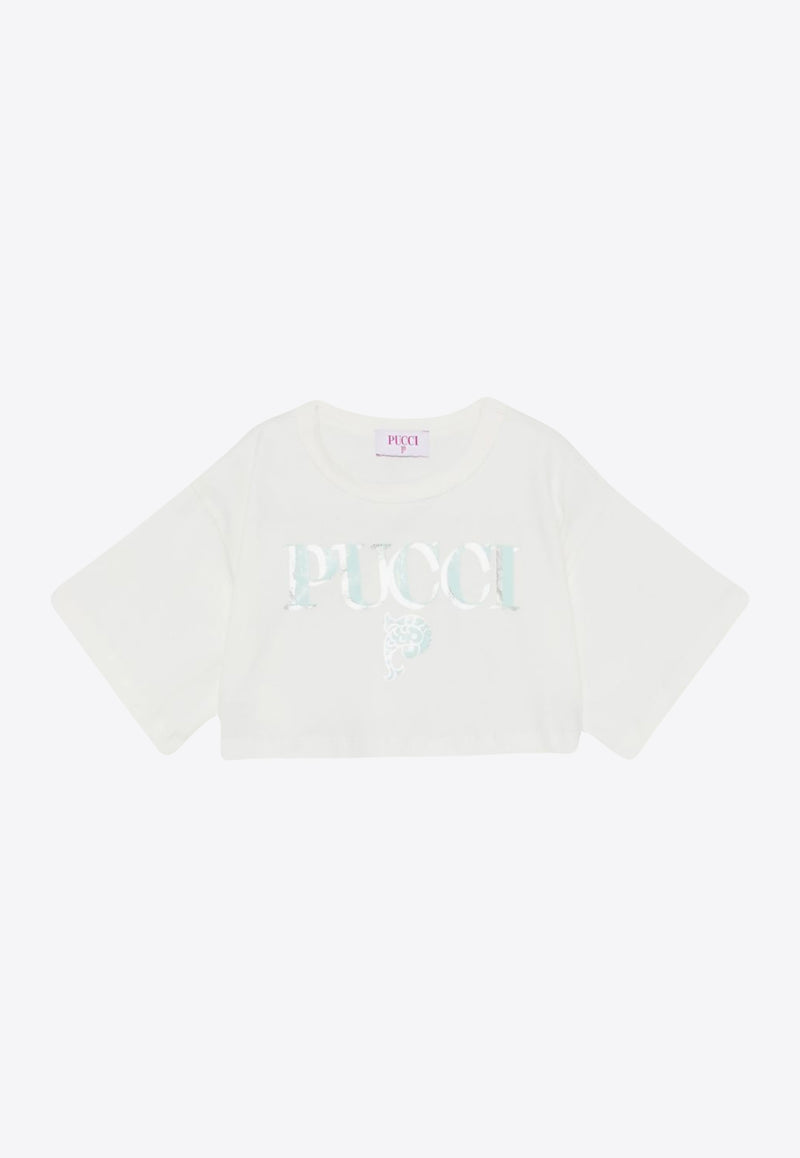 Emilio Pucci Junior Girls Logo Print Cropped T-shirt Ivory PW8A21-Z2357_IVORY