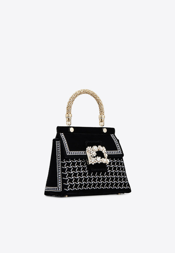 Roger Vivier Mini Viv' Cabas Crystal Embellished Top Handle Bag in Velvet RBWAMAAE1Q3K5TB999 B999 Black